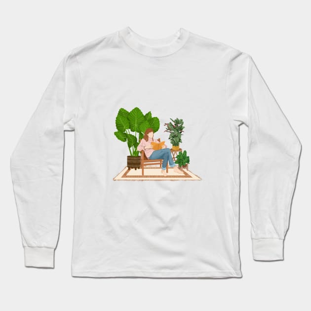 Reading and plants illustration Long Sleeve T-Shirt by gusstvaraonica